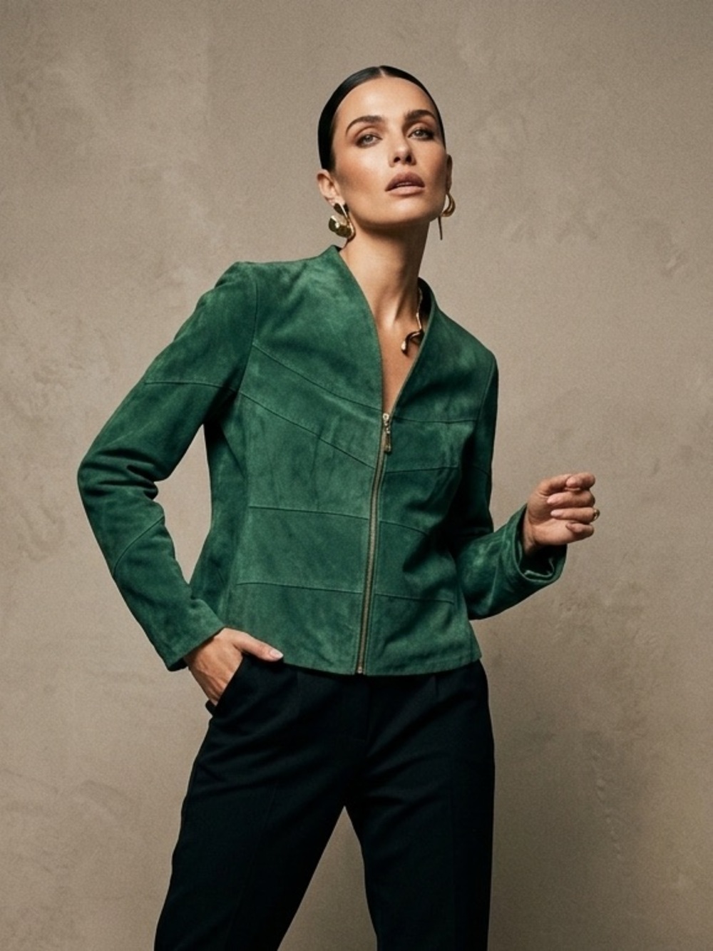 Guillaume Genuine Suede Leather Collarless Zip Front Jacket Emerald Green Size S